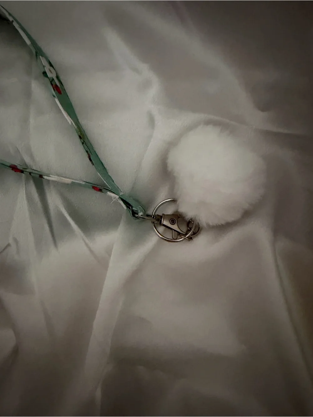 Handmade Green and White Floral Wristlet Keychain with White Pompom